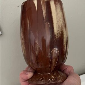 Vintage Art studio pottery red clay brown sand egg vase .